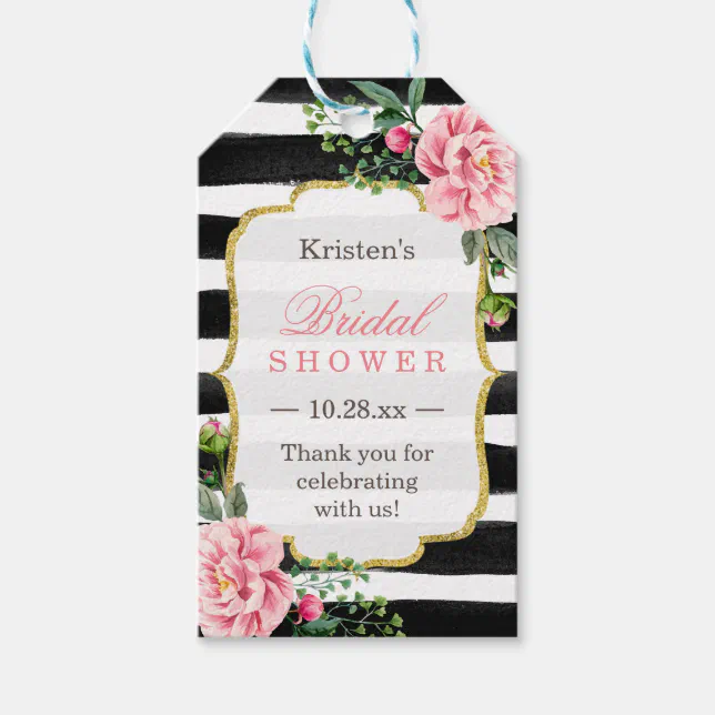 Pink Floral Stripes Bridal Shower Thank You Gift Tags | Zazzle