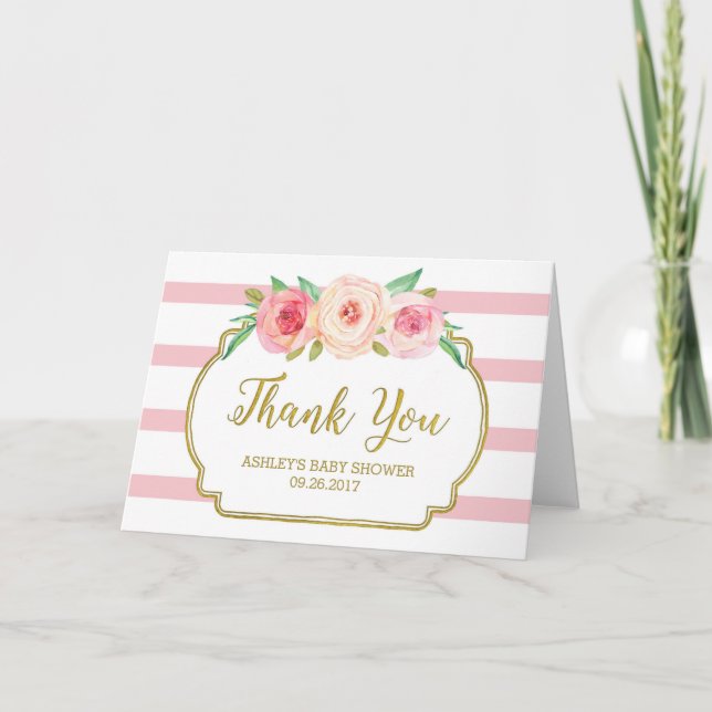 Pink Floral Stripes Gold Baby Shower Thank You Card (Front)