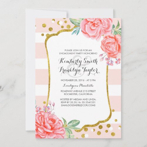 Pink Floral Stripes Gold Confetti Engagement Party Invitation