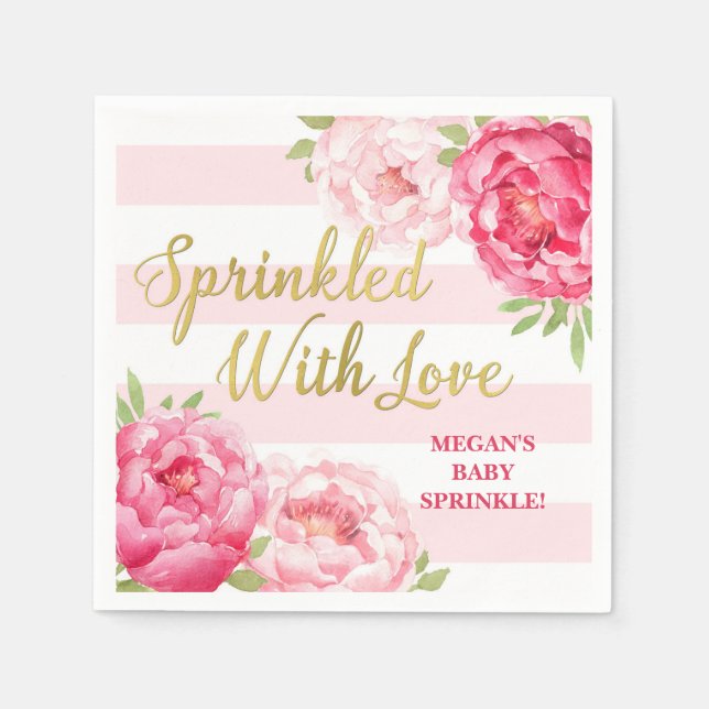 Pink Floral Stripes Gold Sprinkled with Love Napkins (Front)