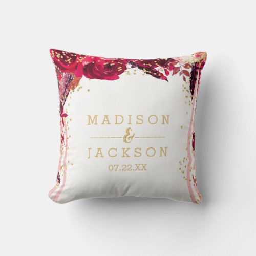 Pink Floral Stripes Gold Wedding Monogram Ring Throw Pillow