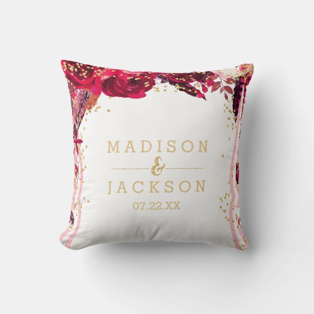 Pink Floral Stripes Gold Wedding Monogram Ring Throw Pillow (Front)