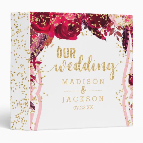 Pink Floral Stripes  Gold Wedding Photo Album 3 Ring Binder