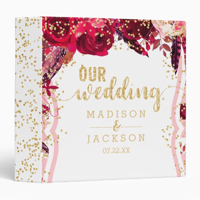 Pink Floral Stripes & Gold Wedding Photo Album 3 Ring Binder (Front/Spine)