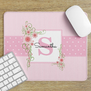 Pink Floral Stripes Monogram Mouse Pad