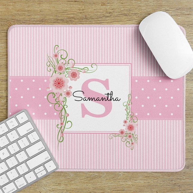 Pink Floral Stripes Monogram Mouse Pad (Creator Uploaded)