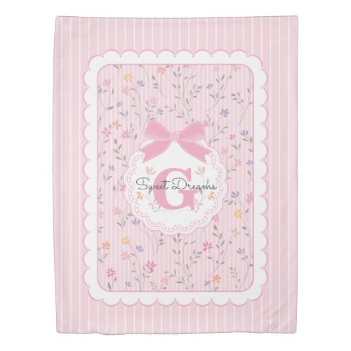 Pink Floral Stripes Monogrammed Duvet Cover