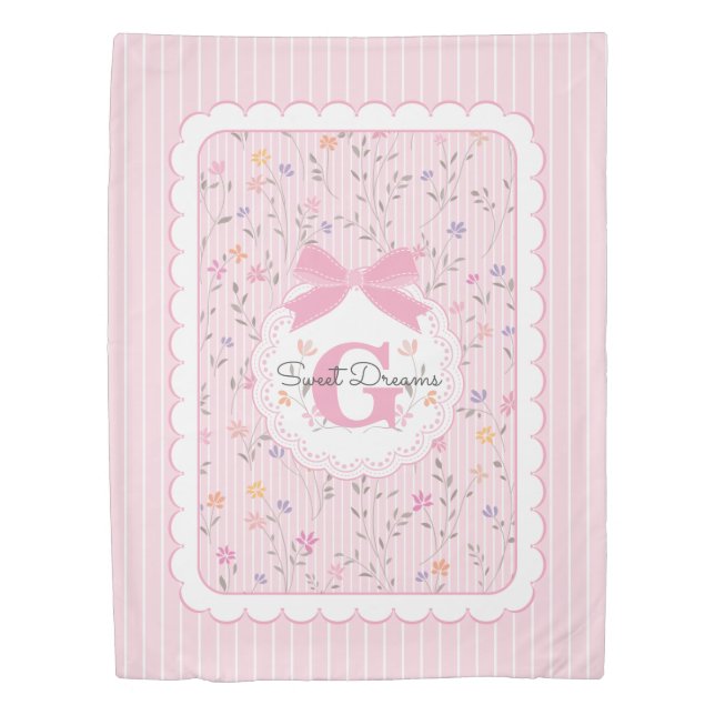 Pink Floral Stripes Monogrammed Duvet Cover (Front)