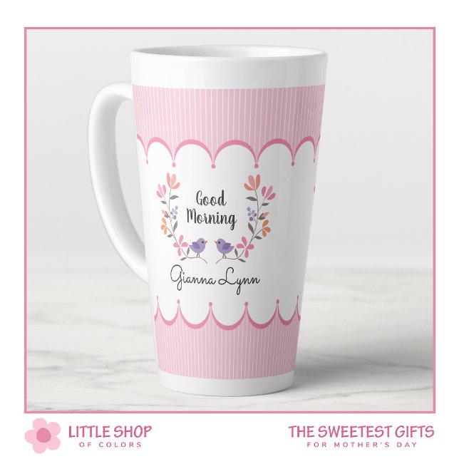 Pink Floral Stripes Personalized Mother's Day Latte Mug (Creator Uploaded)