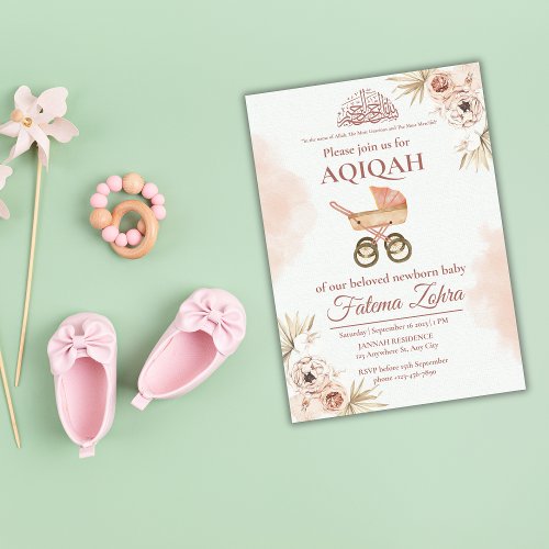 Pink Floral Stroller Baby Girl Muslim Aqiqah  Invitation