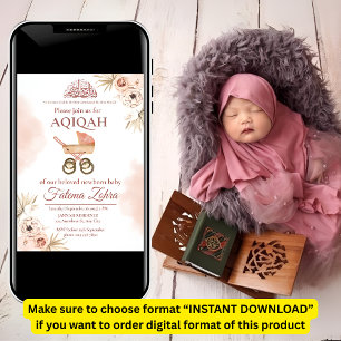 Pink Floral Stroller Baby Girl Muslim Aqiqah Invitation