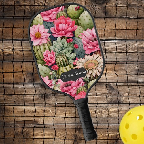 Pink Floral Succulent Cactus Personalized   Pickleball Paddle