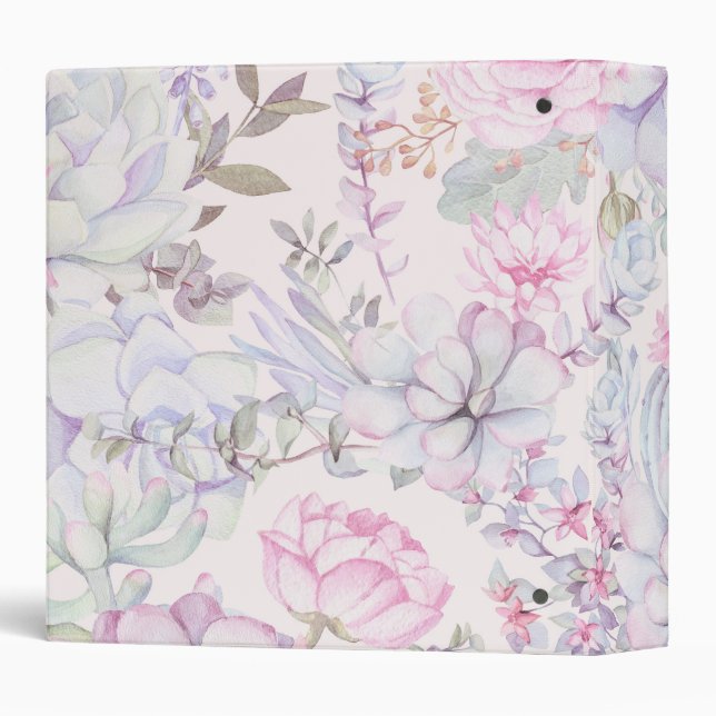 Pink Floral Succulent Illustration Summer Pattern 3 Ring Binder (Back/Spine)