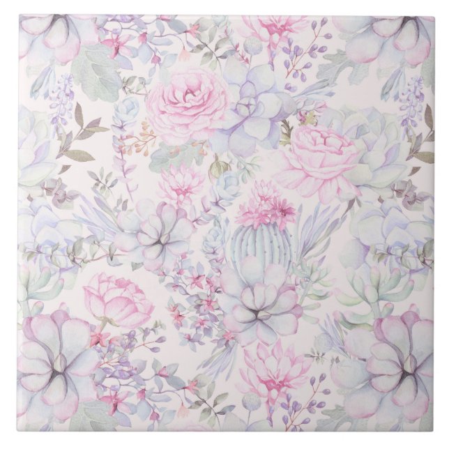 Pink Floral Succulent Illustration Summer Pattern Ceramic Tile (Front)