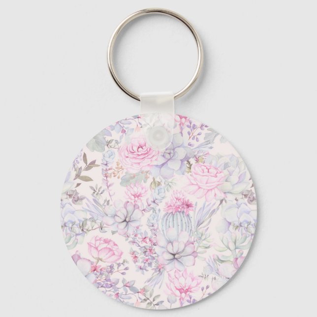 Pink Floral Succulent Illustration Summer Pattern Keychain (Front)