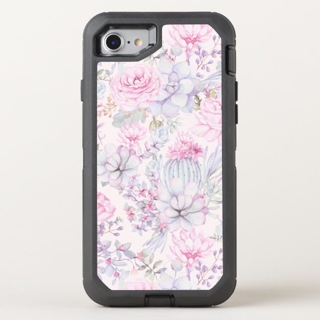 Pink Floral Succulent Illustration Summer Pattern Otterbox iPhone Case (Back)