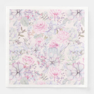 Pink Floral Succulent Illustration Summer Pattern Paper Dinner Napkins