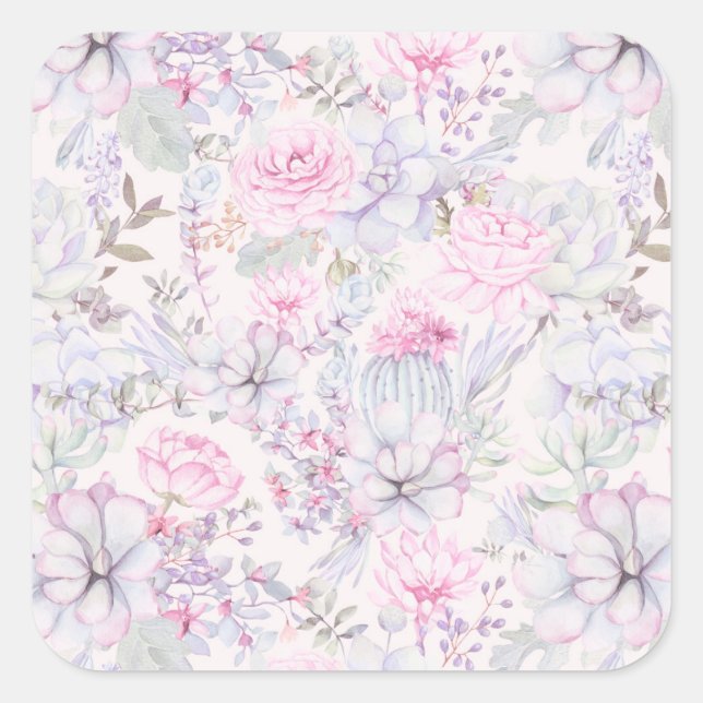 Pink Floral Succulent Illustration Summer Pattern Square Sticker (Front)