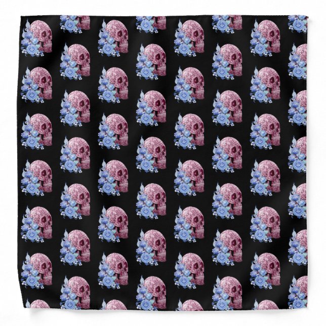 Pink Floral Sugar Skull Blue Flowers Bandana (Front)