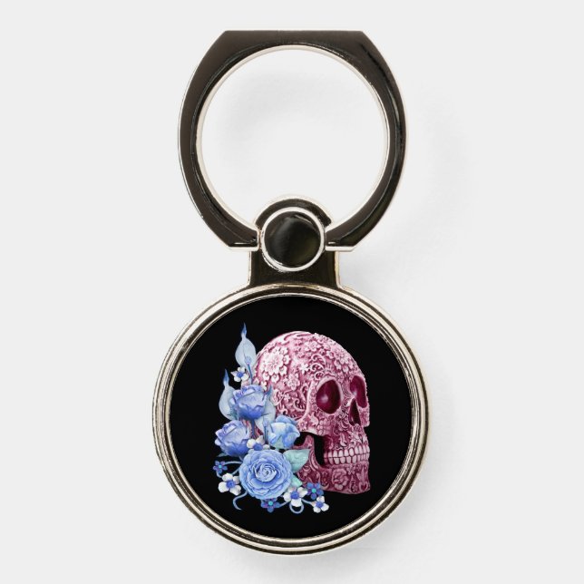 Pink Floral Sugar Skull Blue Flowers Phone Ring Stand (Front)