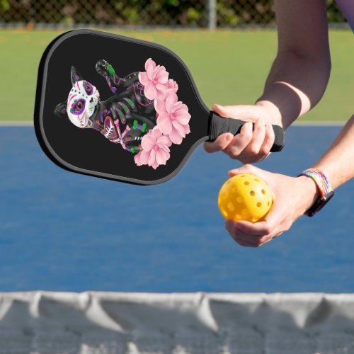 Pink Floral Sugar Skull Day Of The Dead Cat Pickleball Paddle