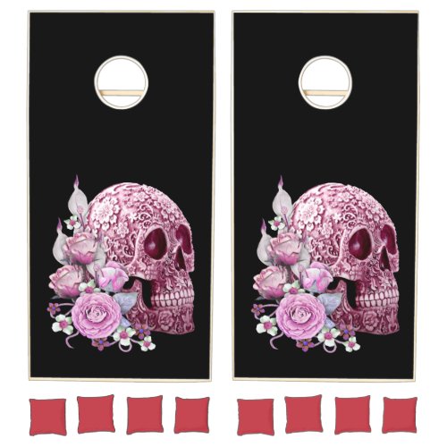 Pink Floral Sugar Skull Pink Flowers Cornhole Set