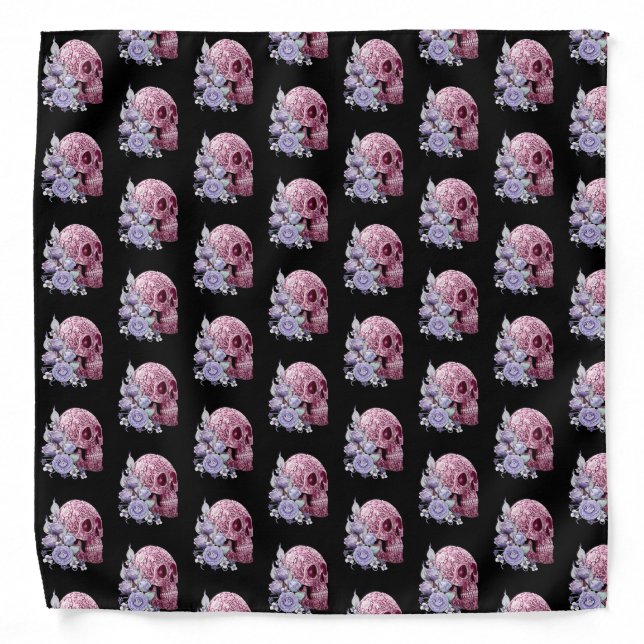 Pink Floral Sugar Skull Purple Flowers Bandana (Front)