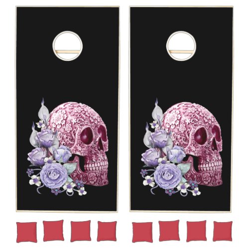 Pink Floral Sugar Skull Purple Flowers Cornhole Set