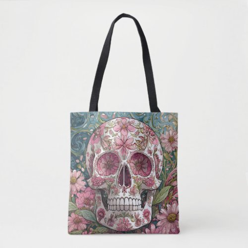 Pink Floral Sugar Skull Tote Bag