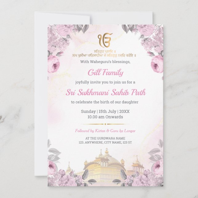 Pink Floral Sukhmani Sahib Path Invitation (Front)