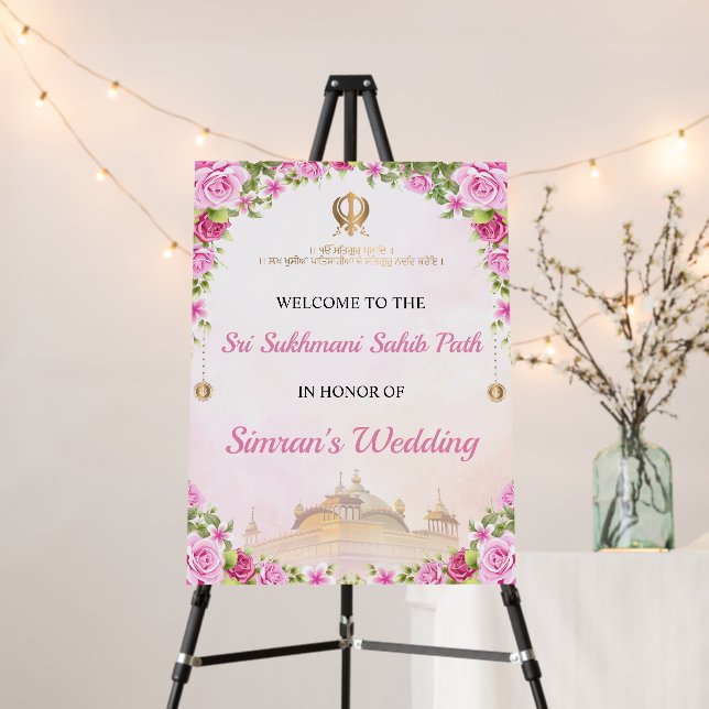 Pink Floral Sukhmani Sahib Path Welcome Sign (In Situ (Stand))