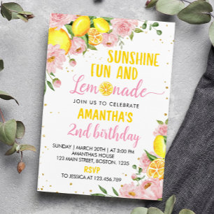 Pink Floral Sunshine Lemonade Birthday Invitation
