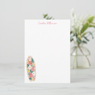 Pink Floral Surfboard Watercolor Personalized Name Note Card