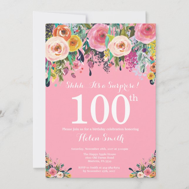 Pink Floral Surprise 100th Birthday Invitation (Front)