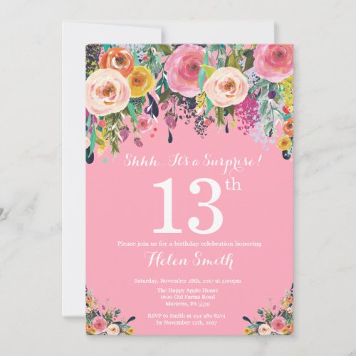 Pink Floral Surprise 13th Birthday Invitation
