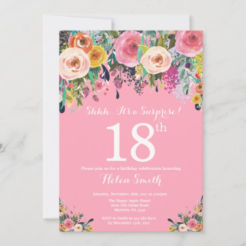 Pink Floral Surprise 18th Birthday Invitation