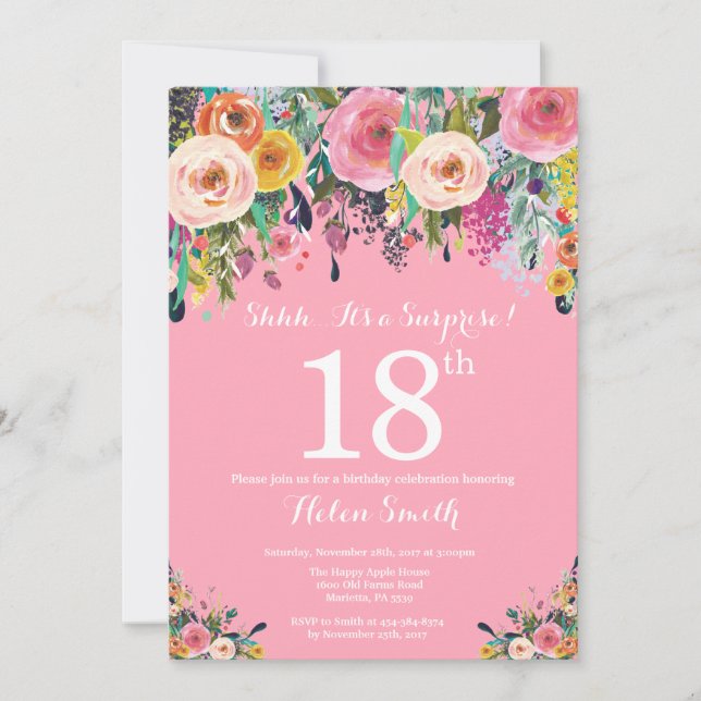 Pink Floral Surprise 18th Birthday Invitation (Front)
