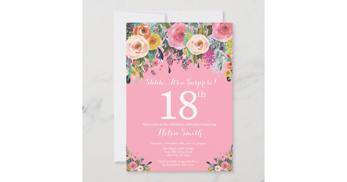 Pink Floral Surprise 18th Birthday Invitation | Zazzle