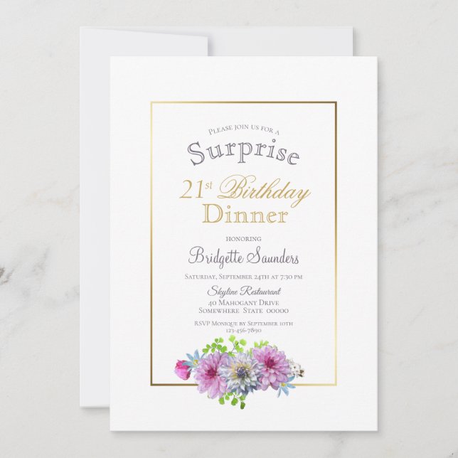 Pink Floral Surprise 21st Birthday Dinner Invitation (Front)