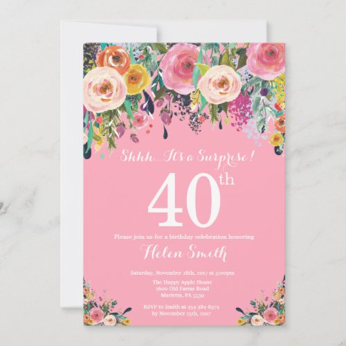 Pink Floral Surprise 40th Birthday Invitation