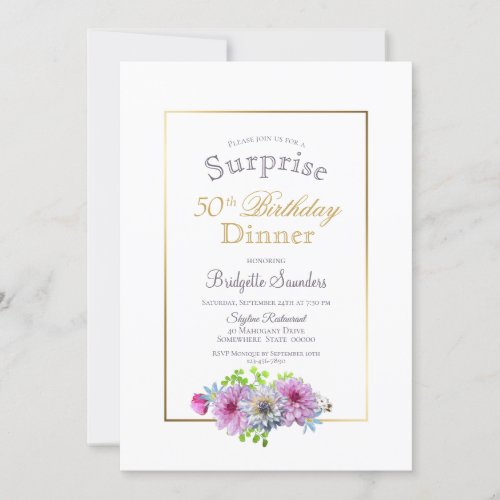 Pink Floral Surprise 50th Birthday Dinner Invitation