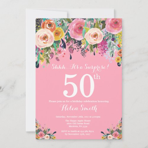 Pink Floral Surprise 50th Birthday Invitation