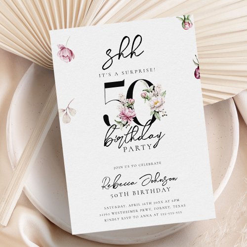 Pink Floral Surprise 50th Birthday Party Invitation