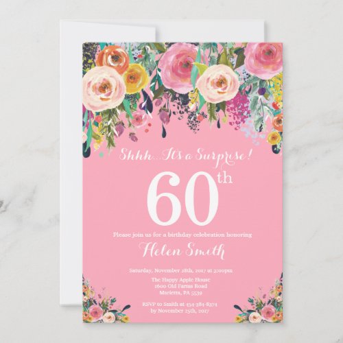 Pink Floral Surprise 60th Birthday Invitation