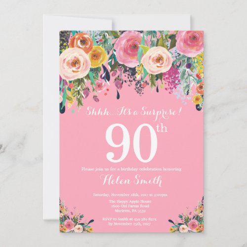 Pink Floral Surprise 90th Birthday Invitation