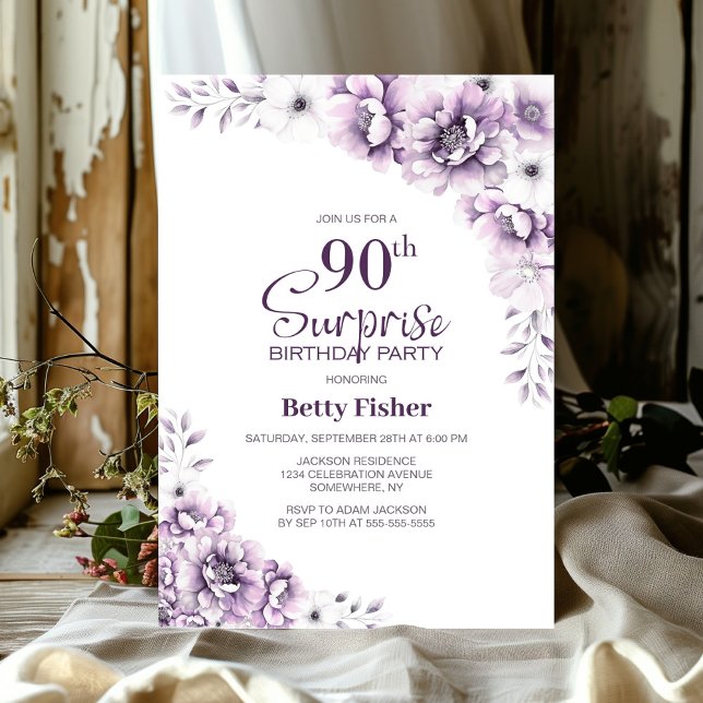 Pink Floral Surprise 90th Birthday Party Invitation (Creator Uploaded)