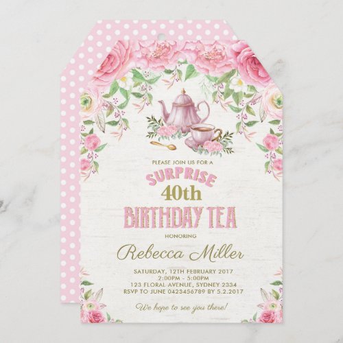 Pink Floral Surprise Birthday Tea Party Invite