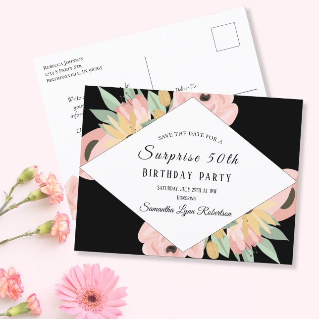 Pink Floral Surprise Save The Date 50th Birthday Invitation Postcard
