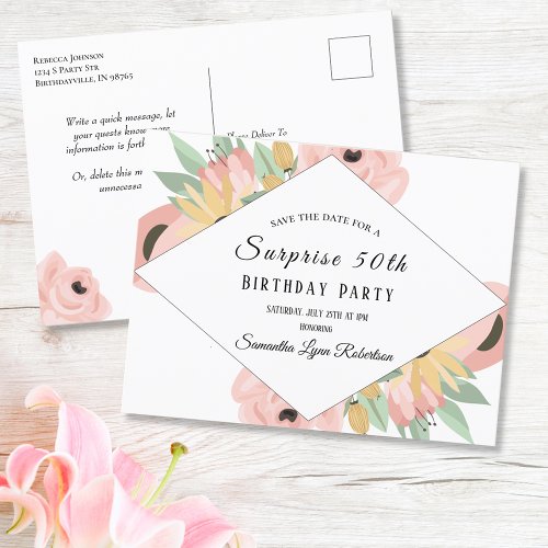 Pink Floral Surprise Save The Date 50th Birthday Invitation Postcard