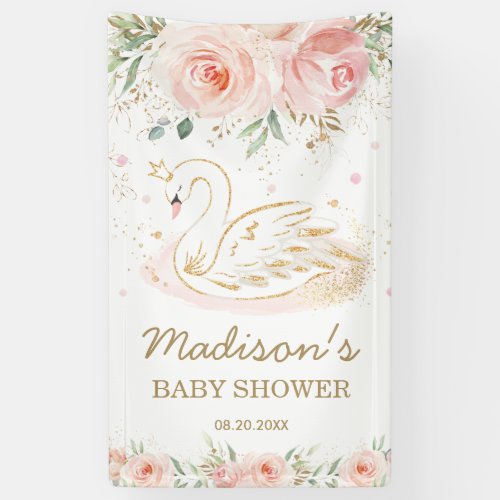 Pink Floral Swan Baby Shower Birthday Backdrop  Ba Banner